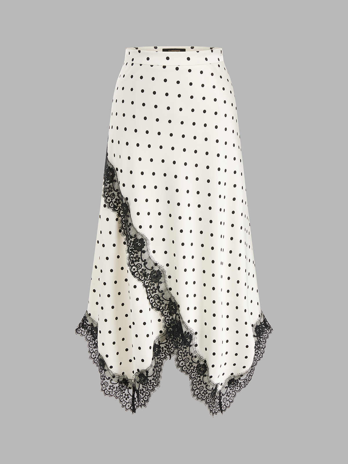 Polka Dot Lace Trim Asymmetric Midi Skirt