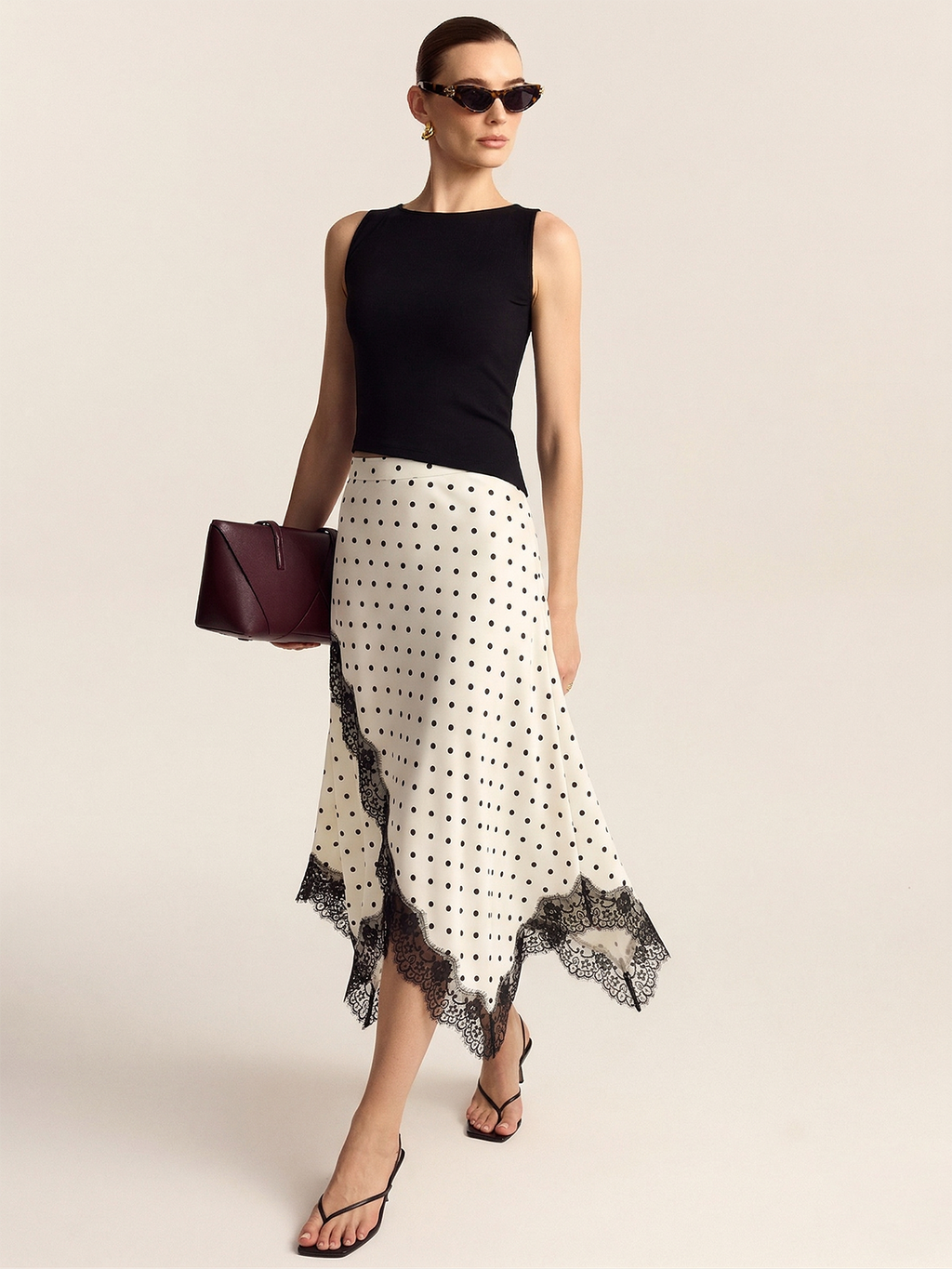 Polka Dot Lace Trim Asymmetric Midi Skirt