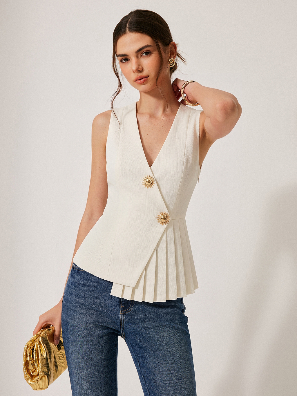 V-Neck Pleated Sleeveless Vest