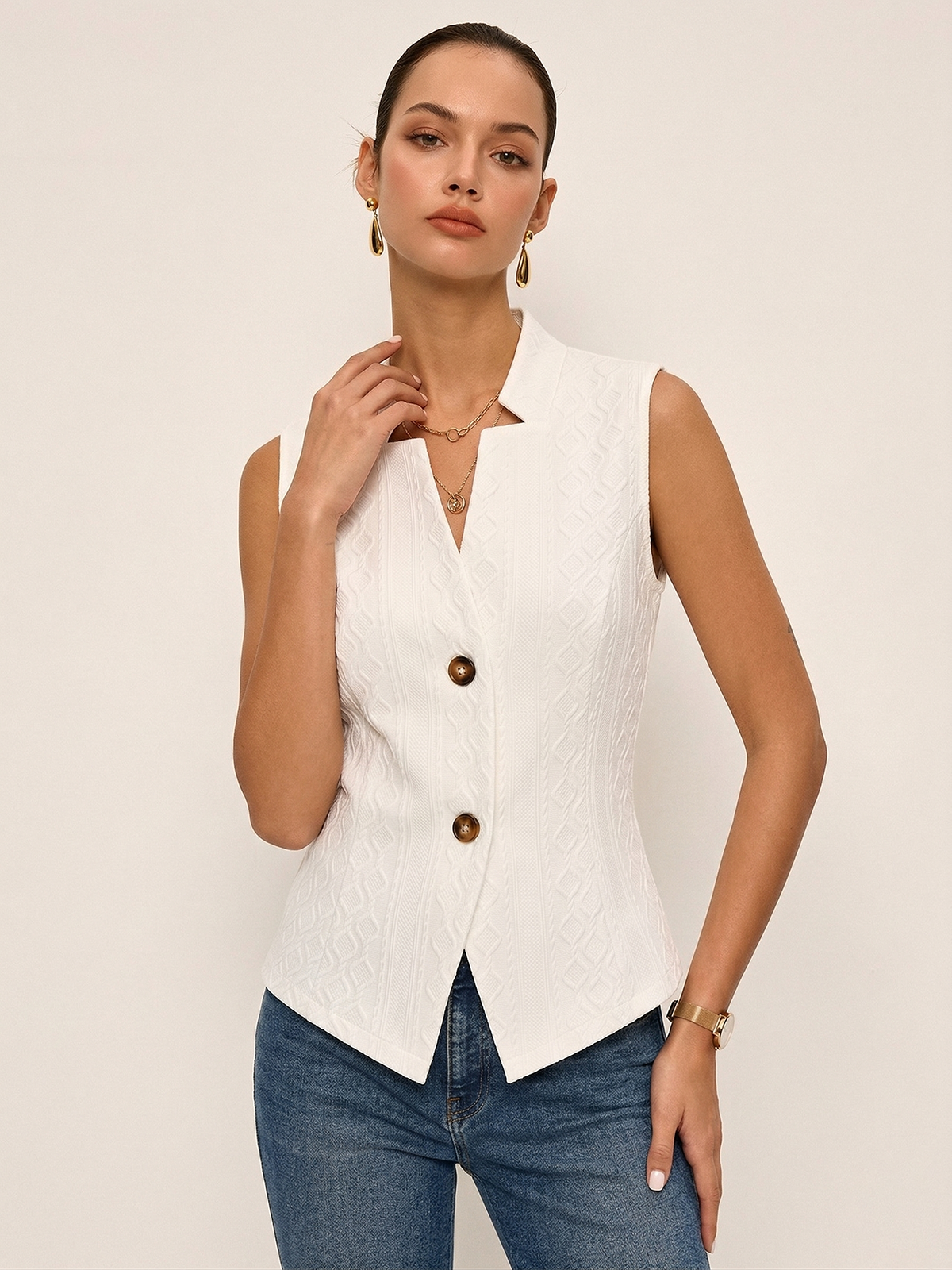 Textured Stand Collar Button Front Vest