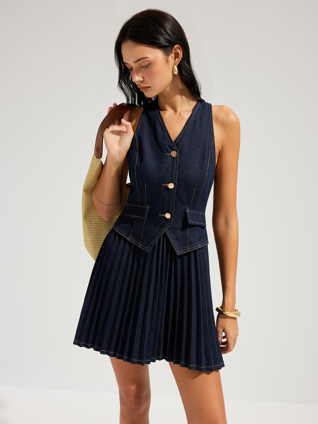 Denim Sleeveless Pleated Mini Dress