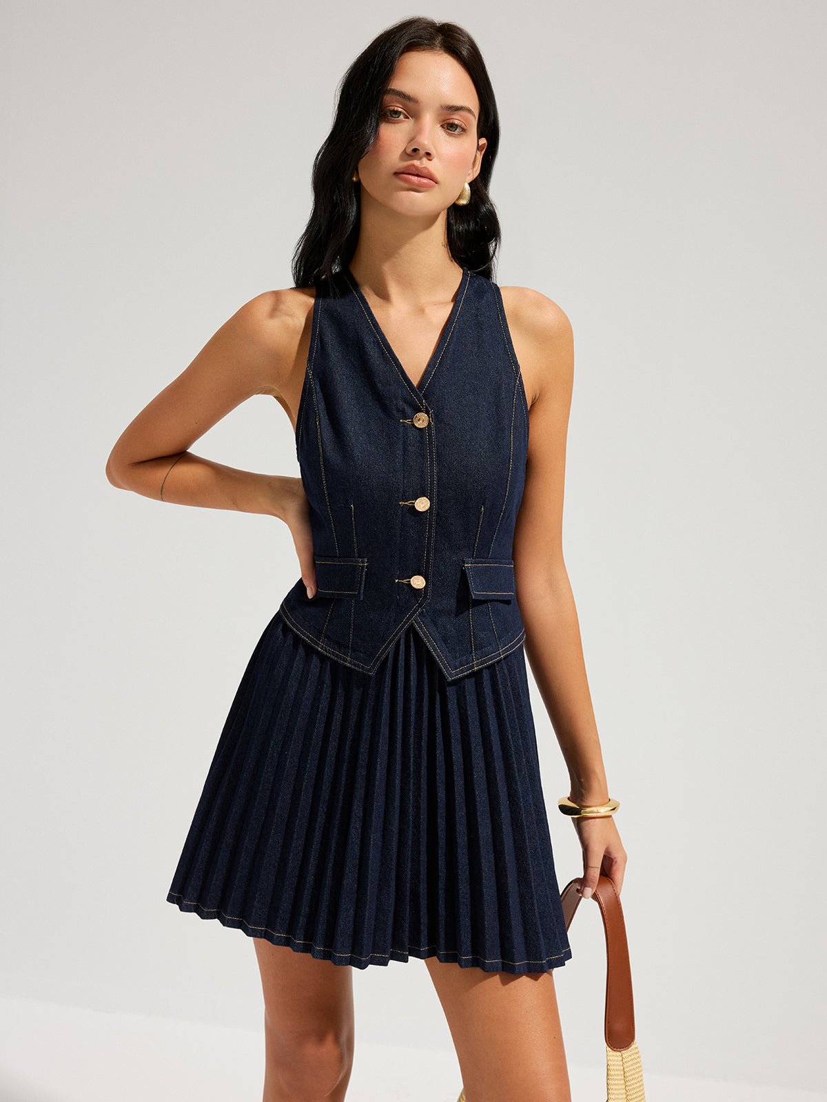 Denim Sleeveless Pleated Mini Dress