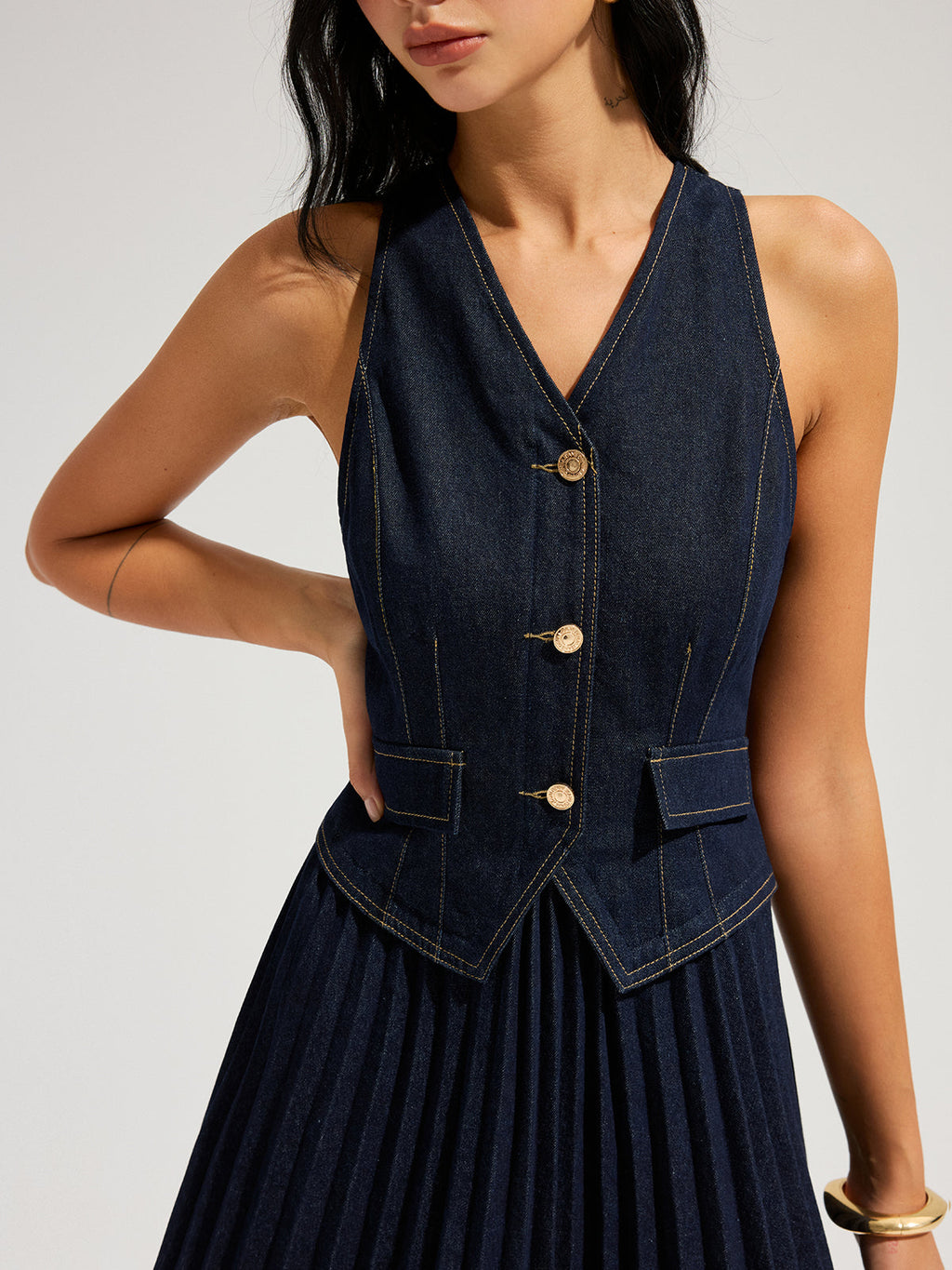 Denim Sleeveless Pleated Mini Dress