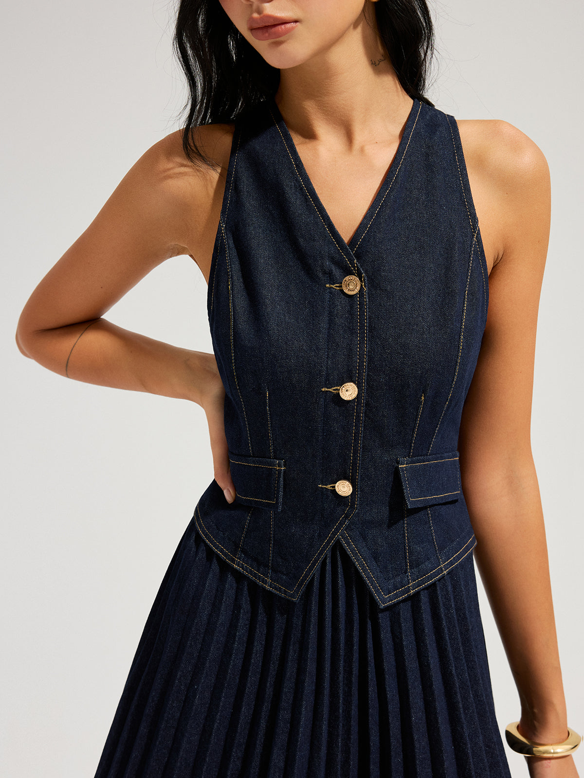 Denim Sleeveless Pleated Mini Dress