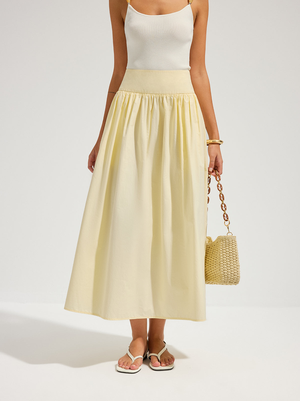 Cotton High Waist Gathered Midi Skirt