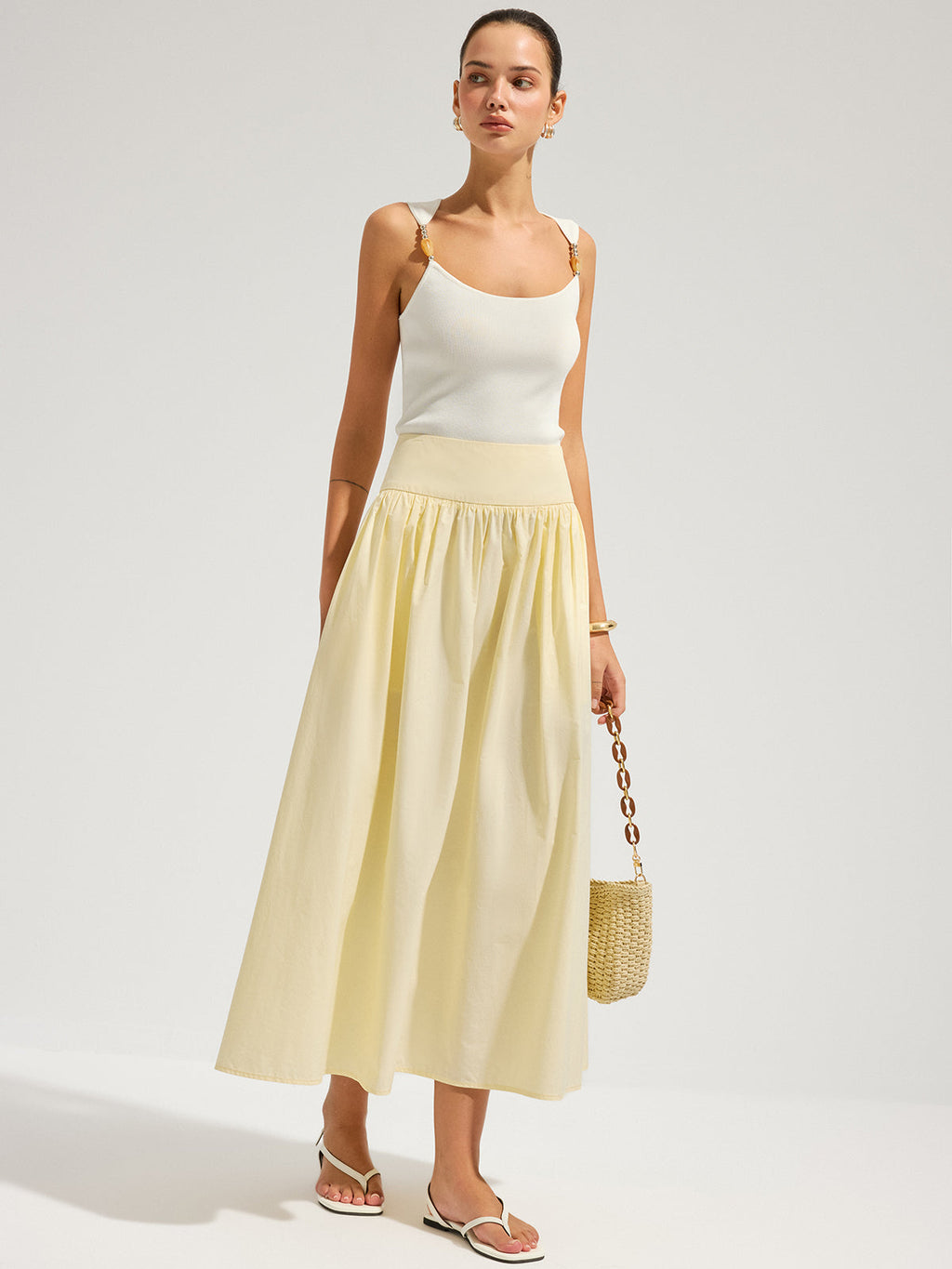 Cotton High Waist Gathered Midi Skirt