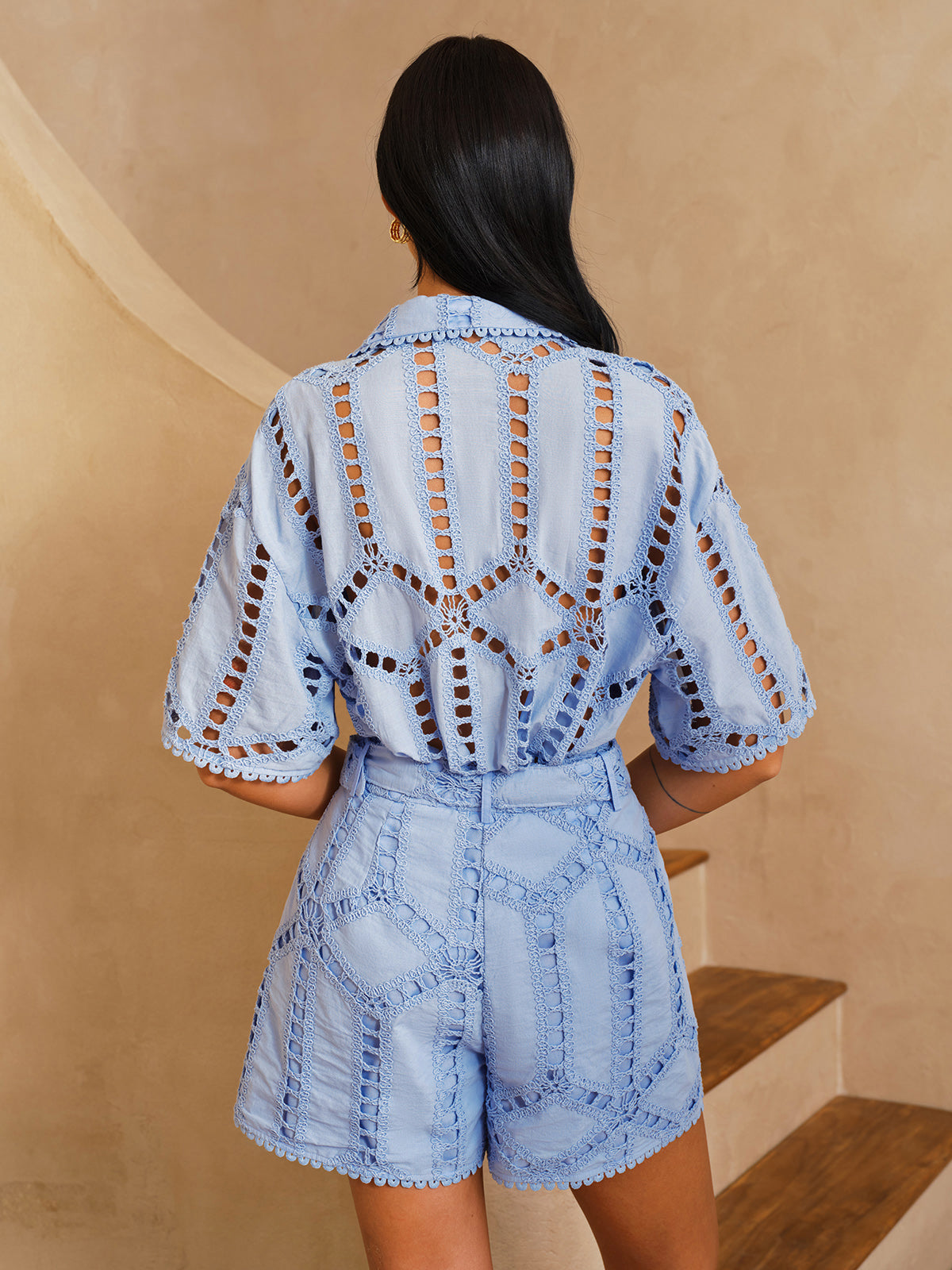 Short Sleeve Eyelet Embroidery Cutout Shirt