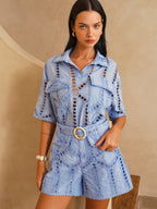 Short Sleeve Eyelet Embroidery Cutout Shirt