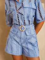 Short Sleeve Eyelet Embroidery Cutout Shirt