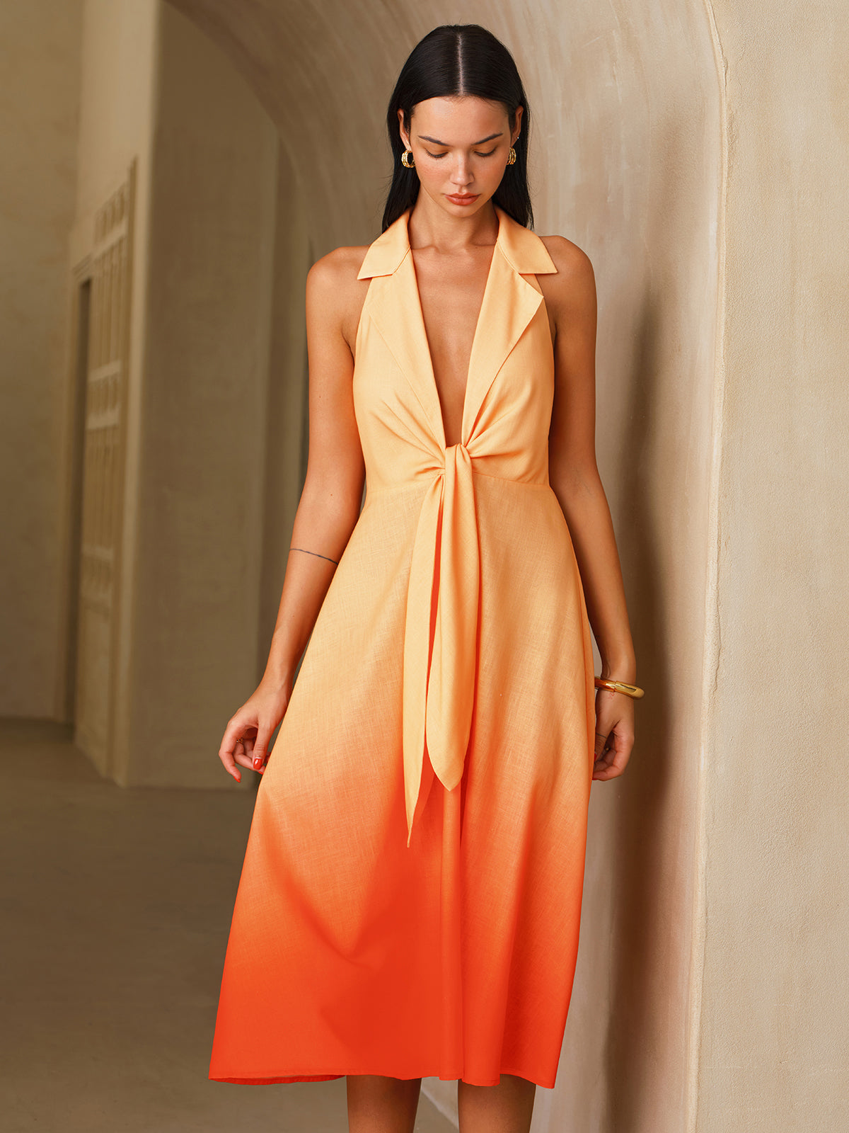 Tie Detail Gradient Halter Neck Midi Dress
