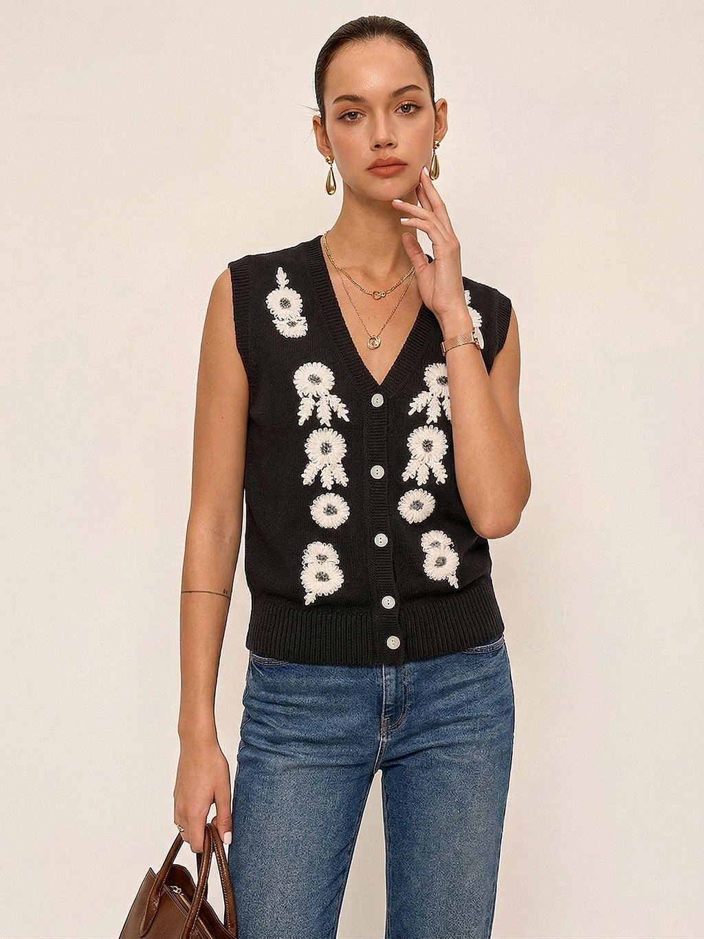 3D Floral Embroidered V-Neck Knit Vest