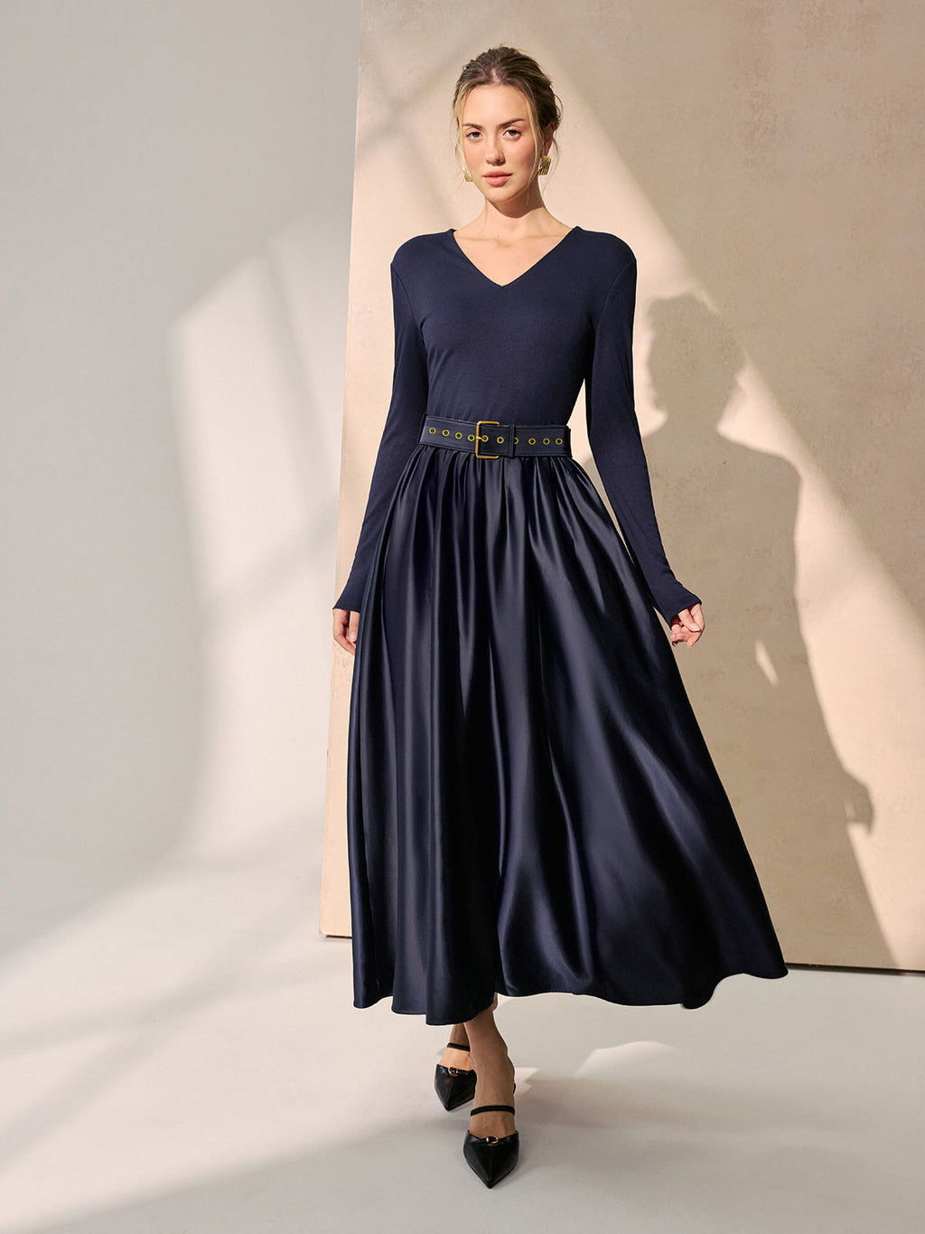 Belted Satin Panel V-Neck Long Sleeve Maxi Dress