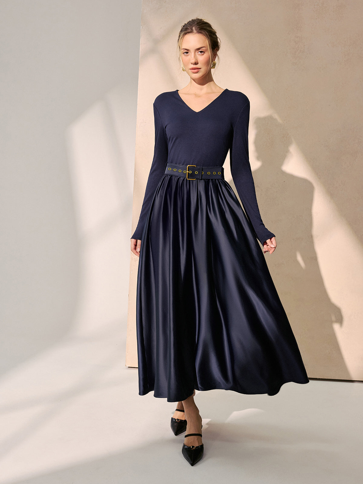 Belted Satin Panel V-Neck Long Sleeve Maxi Dress