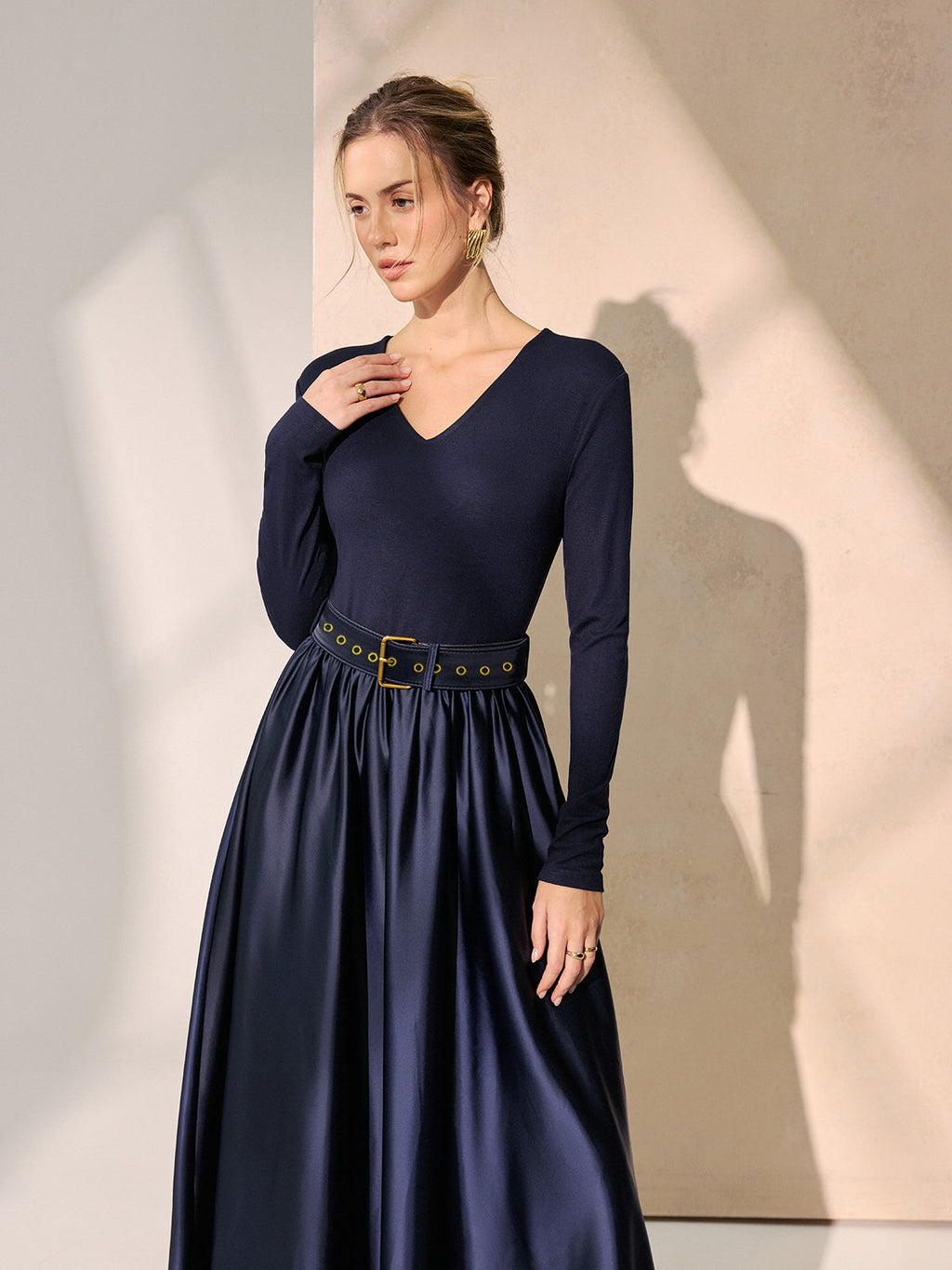 Belted Satin Panel V-Neck Long Sleeve Maxi Dress