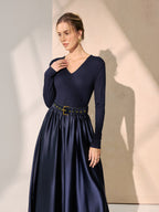 Belted Satin Panel V-Neck Long Sleeve Maxi Dress