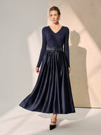 Belted Satin Panel V-Neck Long Sleeve Maxi Dress