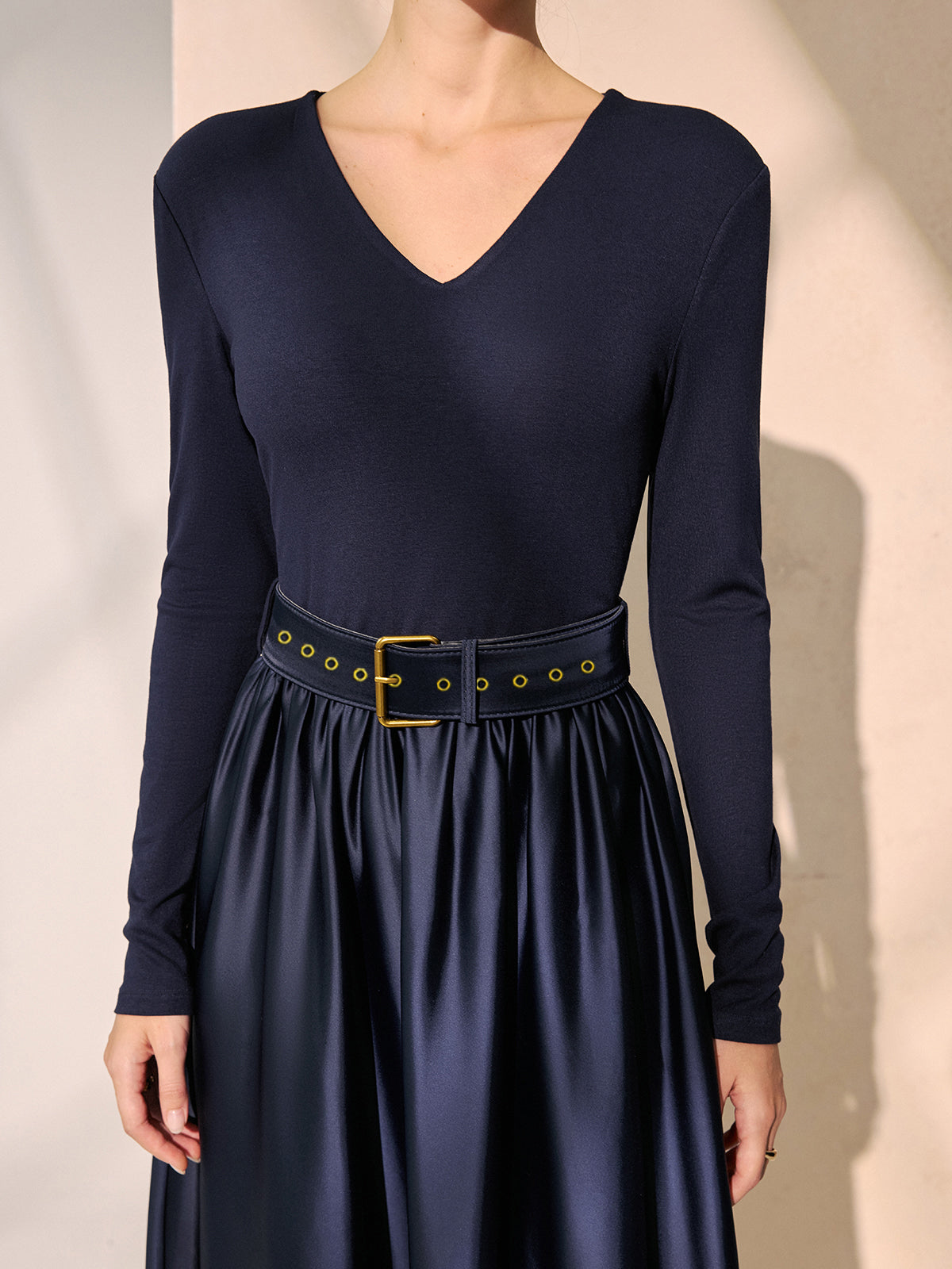 Belted Satin Panel V-Neck Long Sleeve Maxi Dress