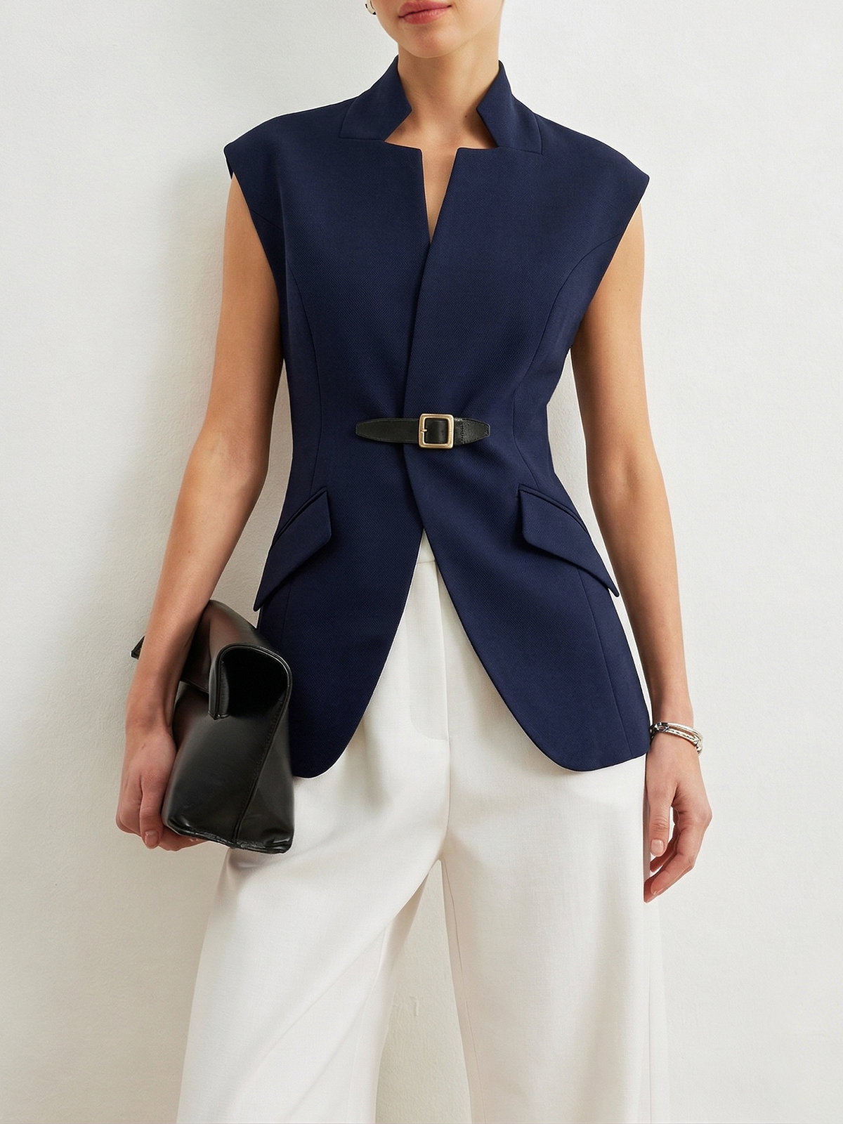 Notch Lapel Buckle Detail Blazer Vest