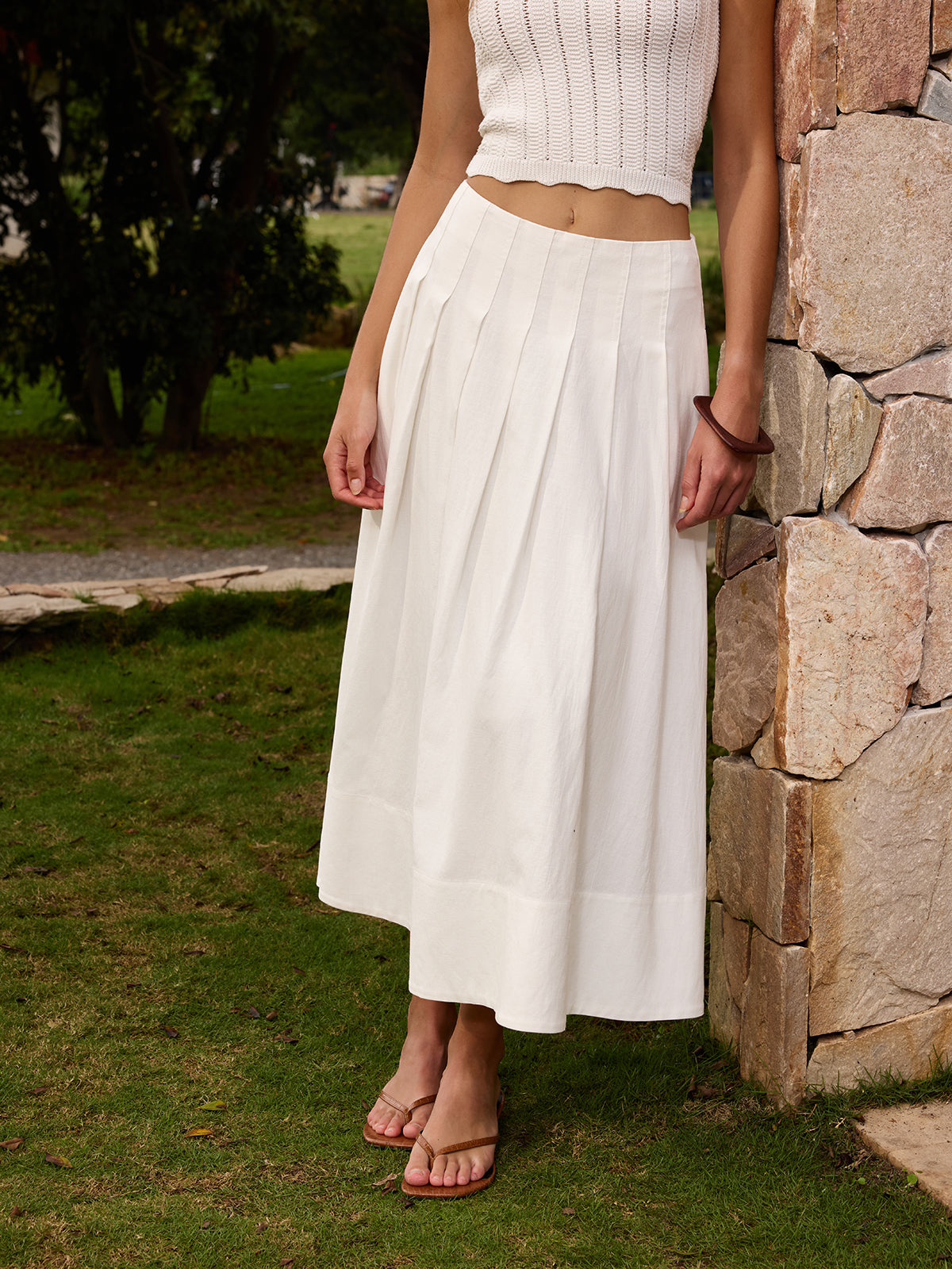 Cotton Linen Pleated Maxi Skirt