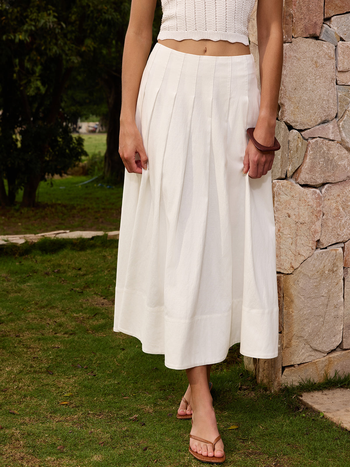 Cotton Linen Pleated Maxi Skirt