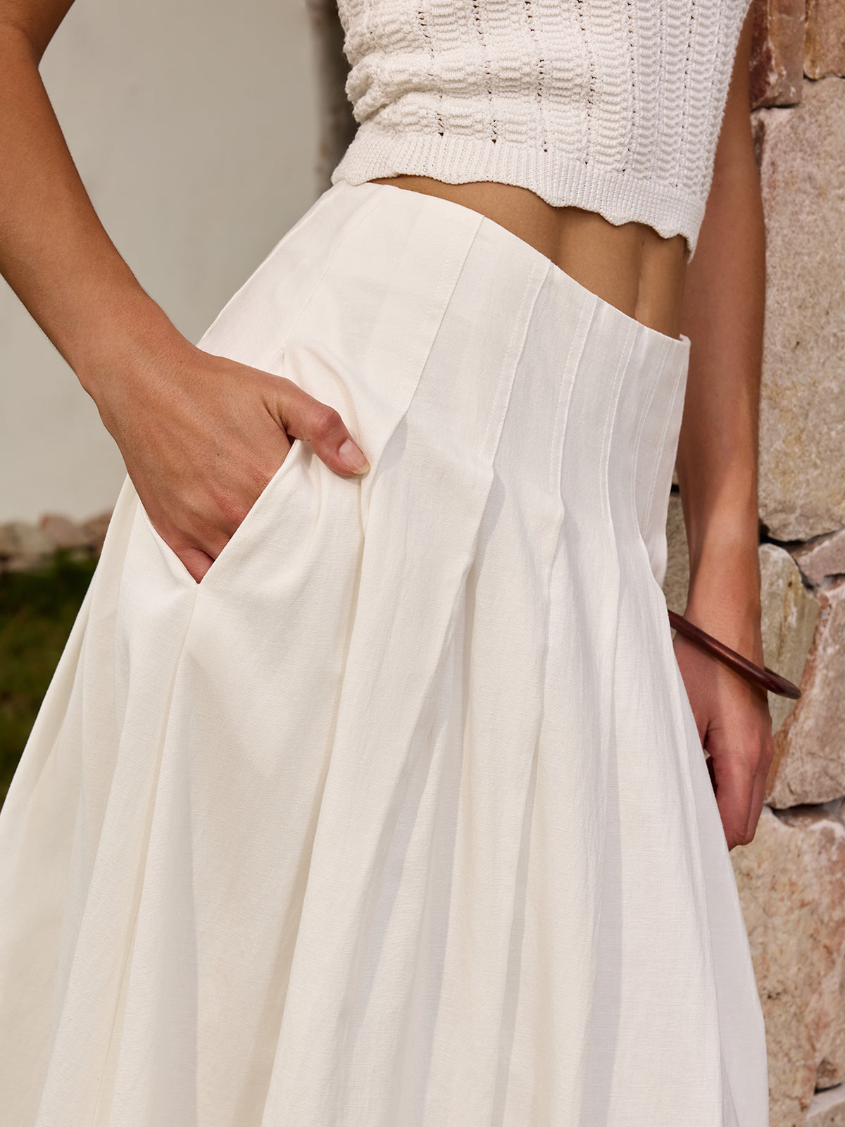 Cotton Linen Pleated Maxi Skirt
