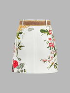 Floral Bird Print Belted Mini Skirt