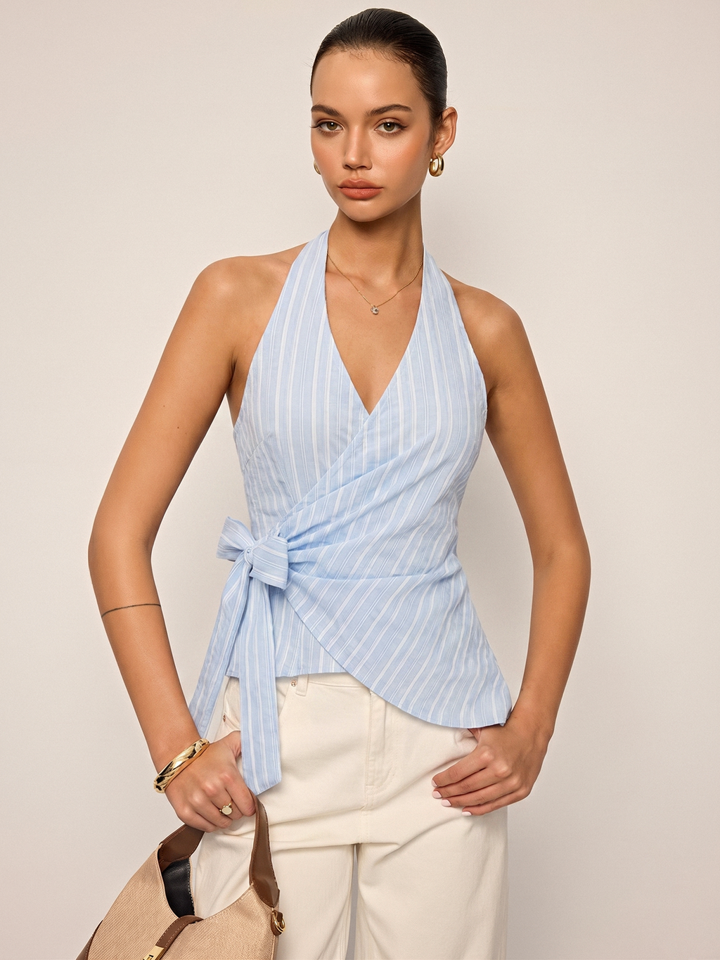 Striped Wrap Halter Tie-Waist Top