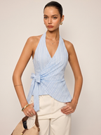 Striped Wrap Halter Tie-Waist Top