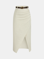 Belted Linen Blend Ruched Wrap Midi Skirt