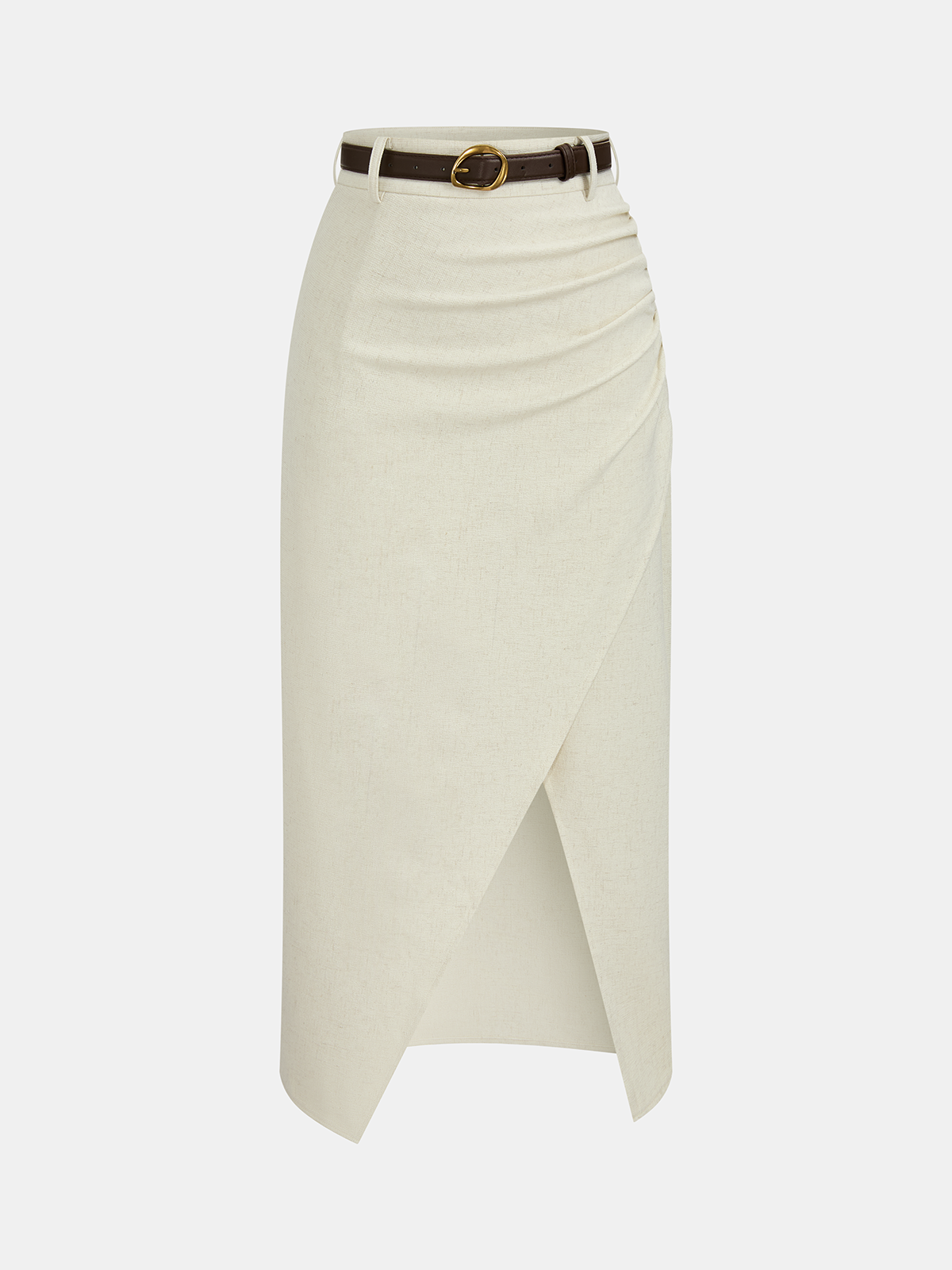 Belted Linen Blend Ruched Wrap Midi Skirt