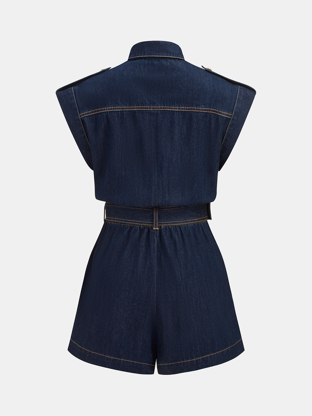 Belted Epaulet Denim Sleeveless Romper