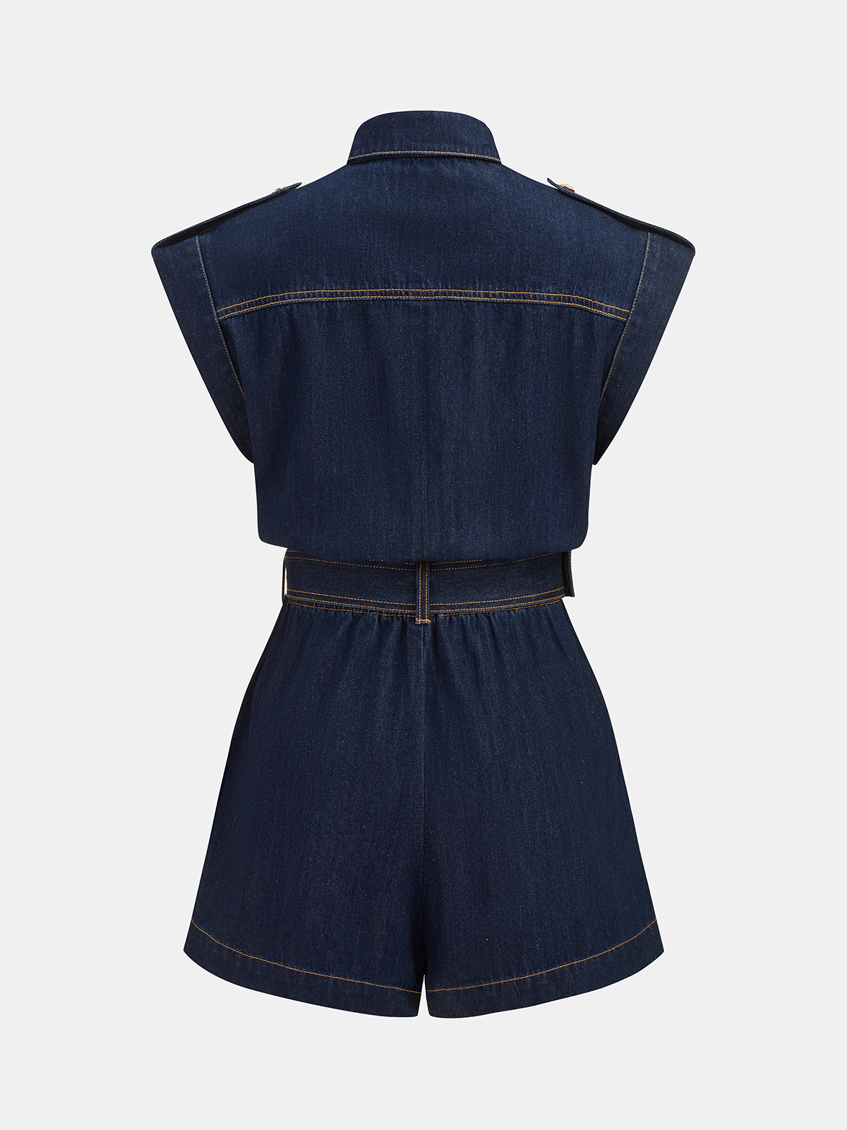 Belted Epaulet Denim Sleeveless Romper