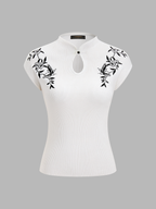 Butterfly Embroidery Keyhole Ribbed Knit Top