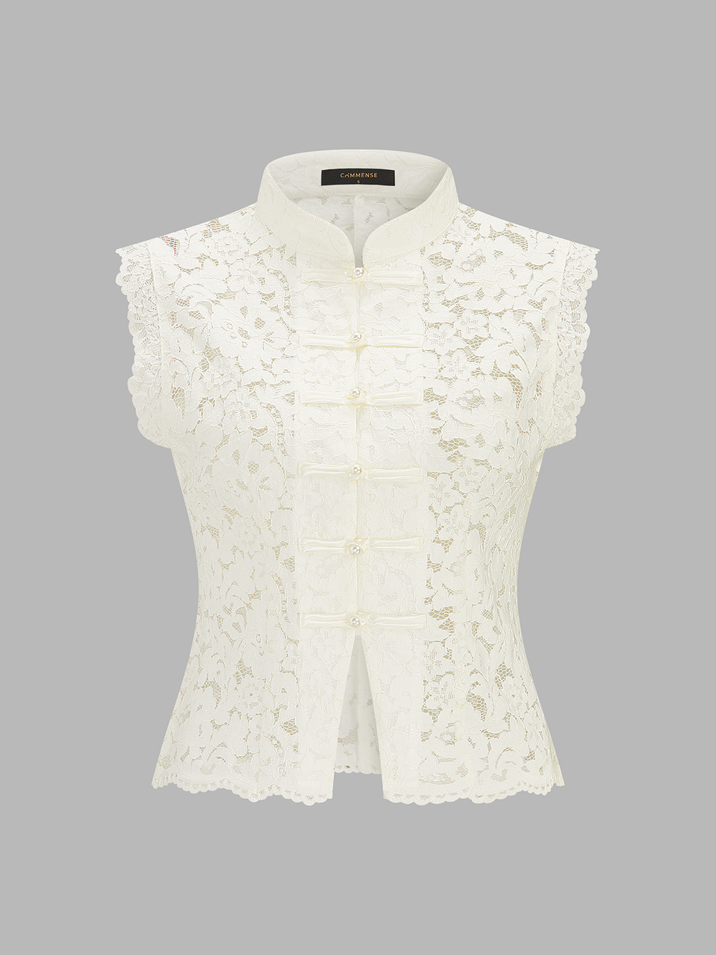 Lace Mandarin Collar Pearl Button Sleeveless Top