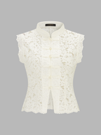 Lace Mandarin Collar Pearl Button Sleeveless Top