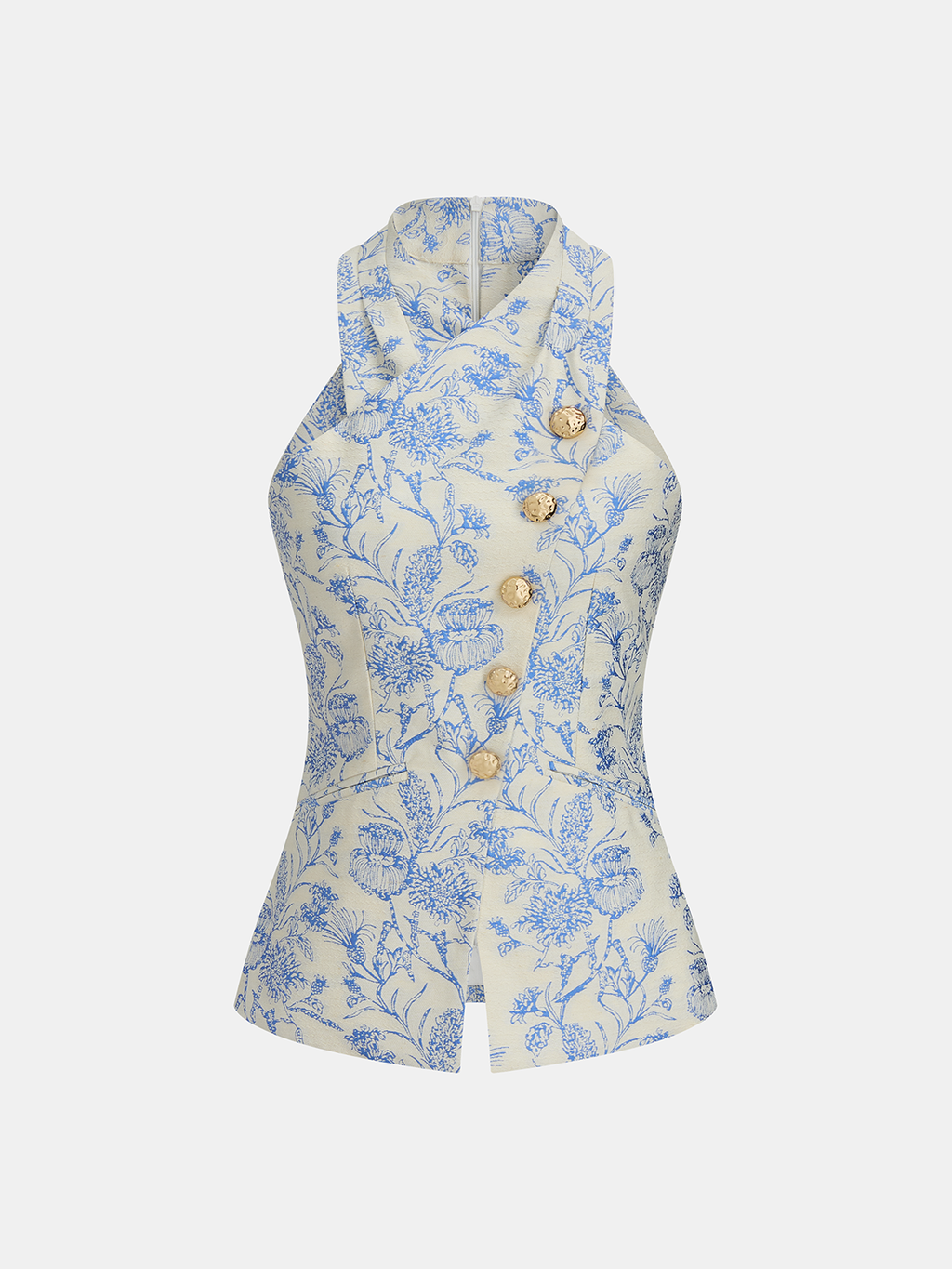Metal Button Floral Jacquard Halter Vest