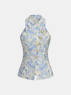 Metal Button Floral Jacquard Halter Vest