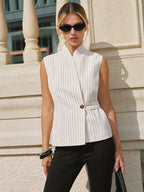 Tencel Linen Blend Mandarin Collar Striped Vest