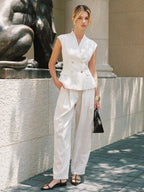 Striped Tencel Linen Blend Double-Breasted Vest