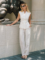Striped Tencel Linen Blend Double-Breasted Vest