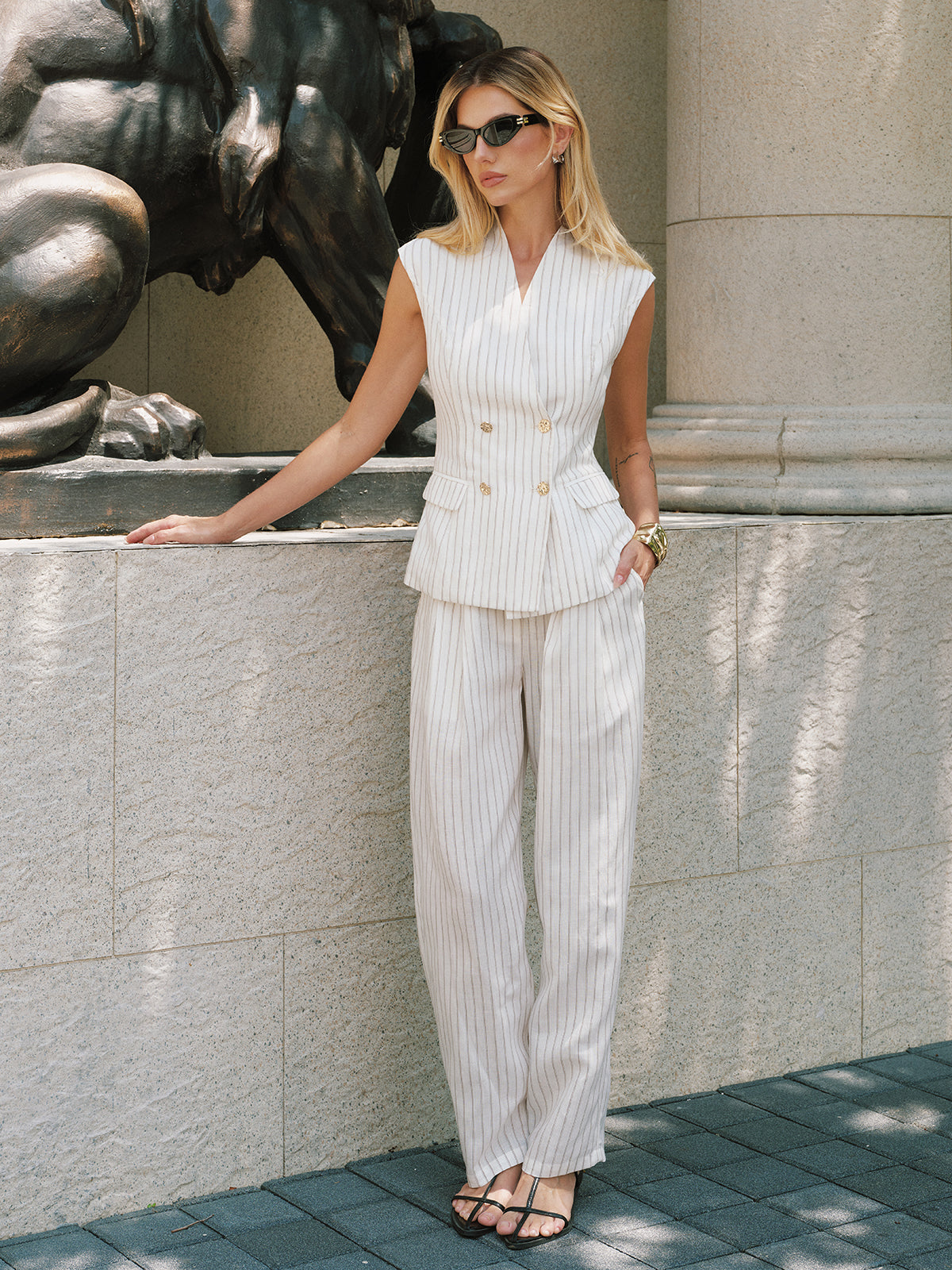 Striped Tencel Linen Blend Double-Breasted Vest