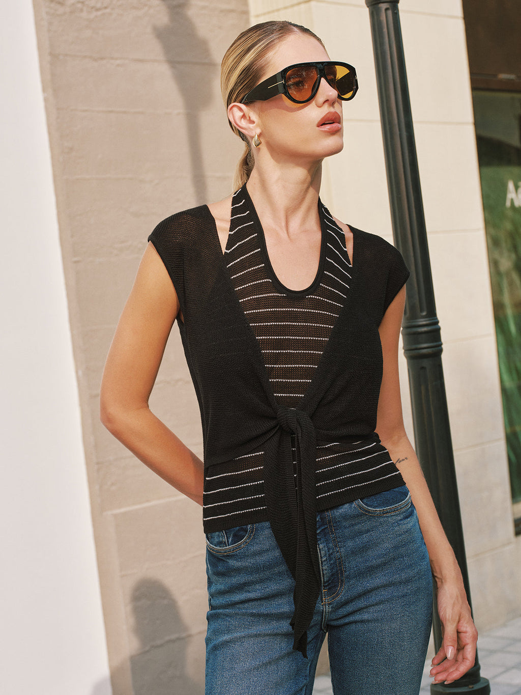 Striped Halter & Tie Front Knit Vest Set
