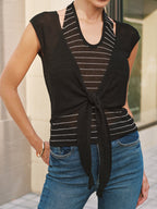 Striped Halter & Tie Front Knit Vest Set
