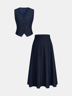 Faux Denim Pleated A-Line Midi Skirt