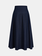 Faux Denim Pleated A-Line Midi Skirt