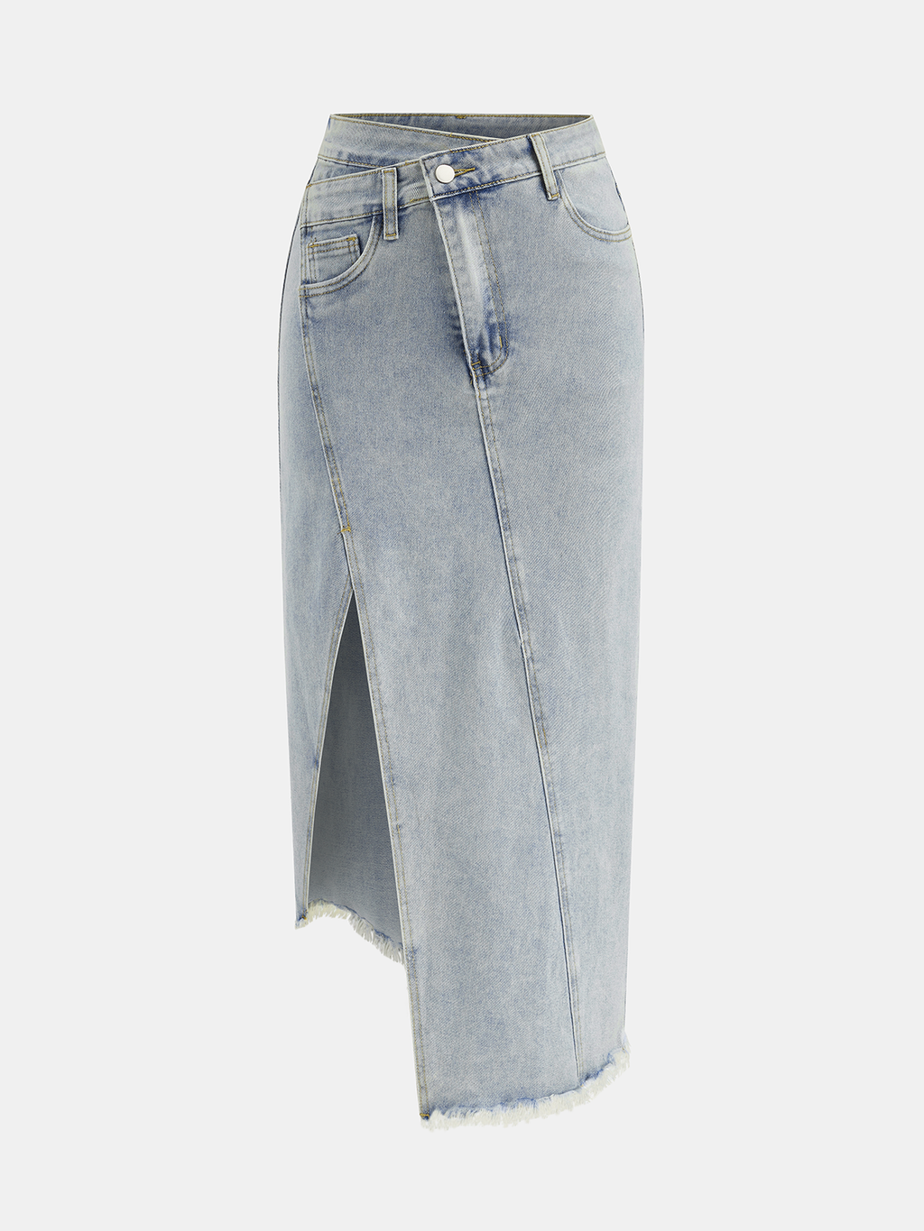 Asymmetric Denim Fringe Midi Skirt