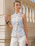 Metal Button Floral Jacquard Halter Vest