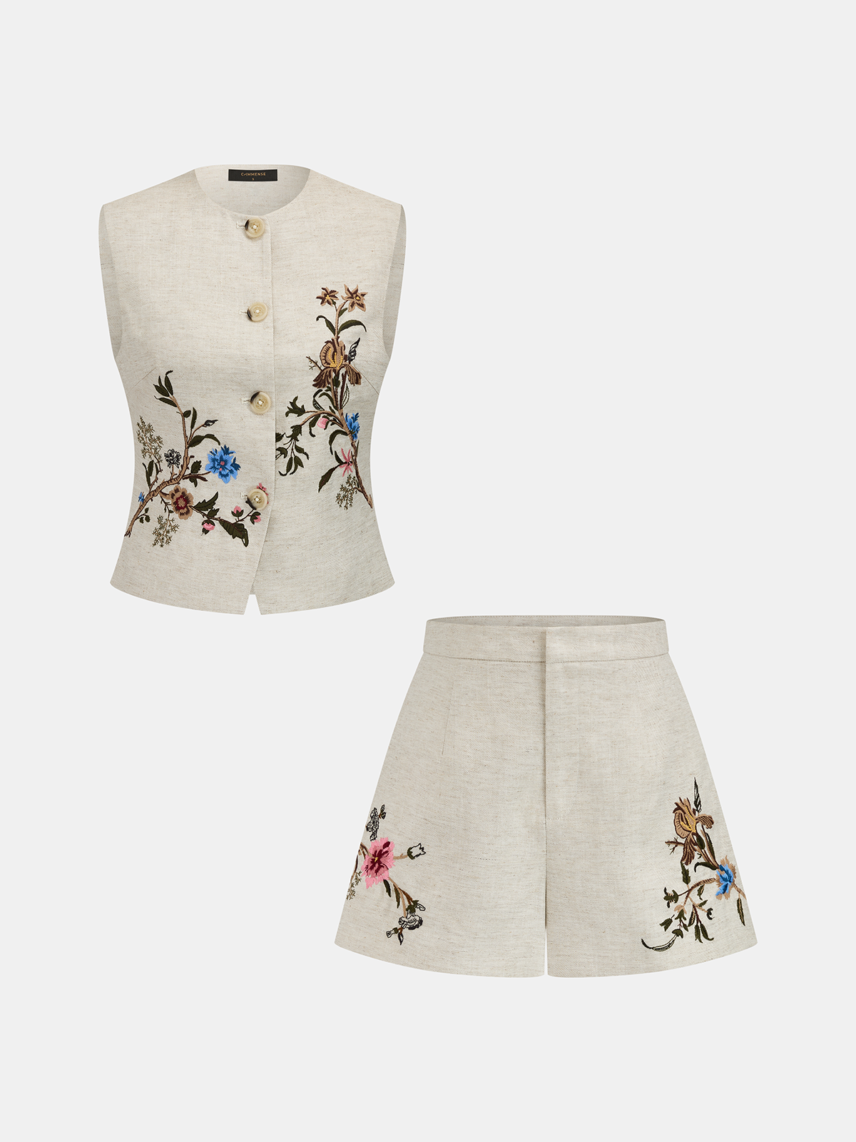 Floral Embroidered Linen Blend Vest