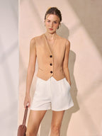 Lace Back Tie-Waist Linen Blend Vest