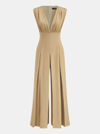 Deep V Neck Pleated Wide Leg Jumpsuit